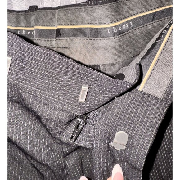 Theory Mens Black Pinstripe Wool-Blend Trousers With Front Zipper Closure - Picture 4 of 8